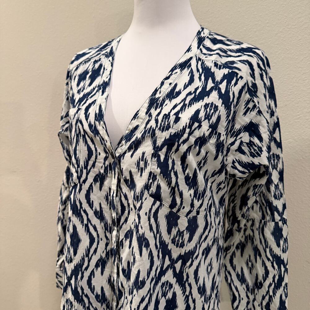 Athleta Ikat Bloom Kaftan Blue White Shirt Dress Cotton Silk Small Cover Up Chic - Picture 6 of 10
